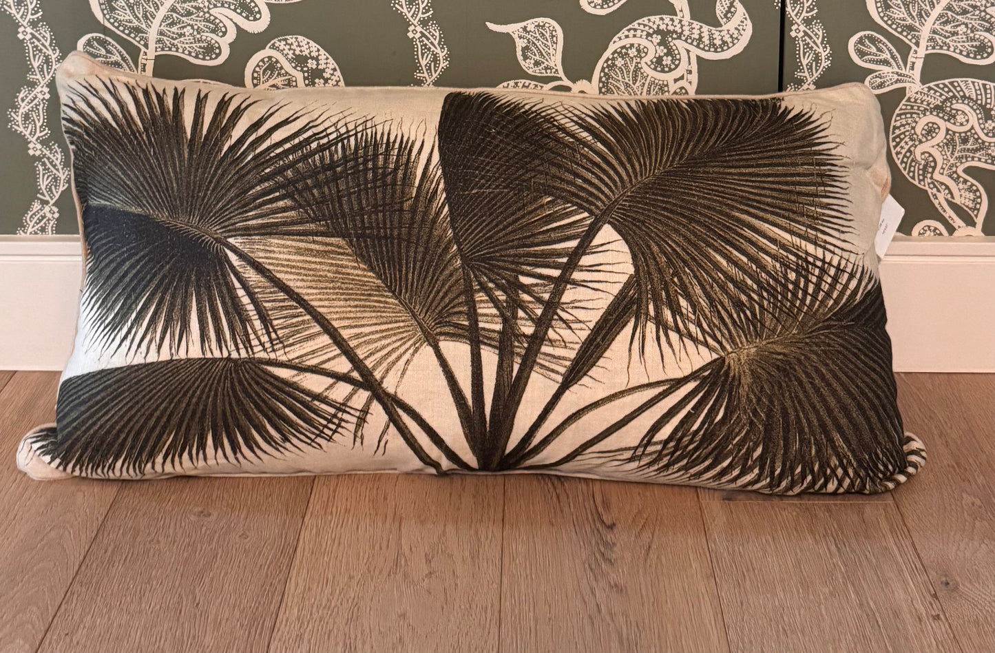 16 x 30 Neutral Palm Print Cotton Lumbar Pillow Cover