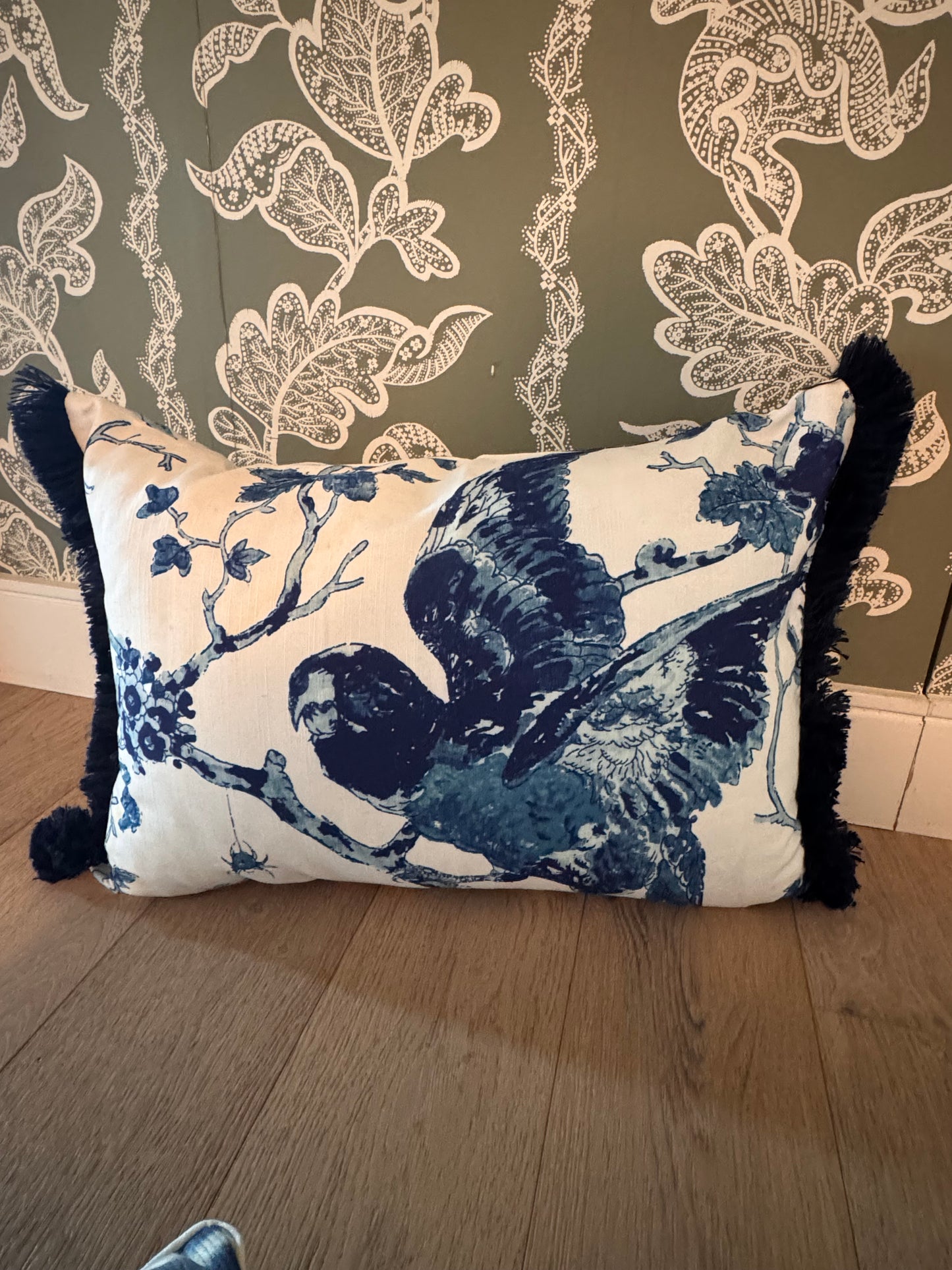 16 x 24 Blue Toile Fringed Lumbar Pillow with Down Insert