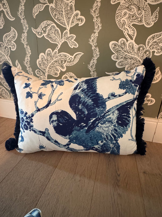 16 x 24 Blue Toile Fringed Lumbar Pillow with Down Insert